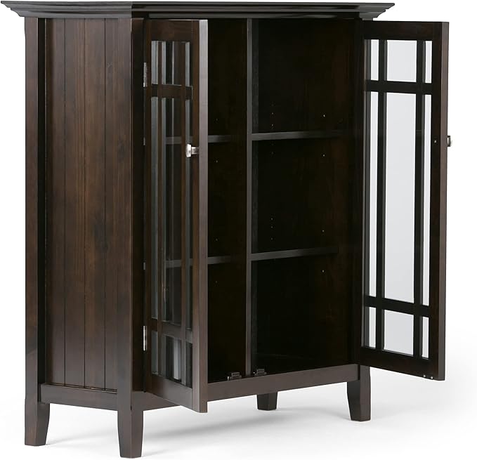 SIMPLIHOME Bedford Storage Cabinet - 39 inch Wide Solid Wood Medium Cabinet in Dark Tobacco Brown, Transitional Console for Living Room, Entryway, or Dining Room with Glass Doors and Shelves