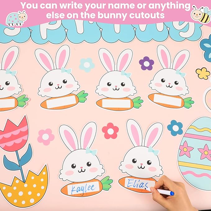 Easter Bunny Bulletin Board Set Hopping Into Spring Classroom Decor Easter Egg Flowers Rainbow Writable Rabbit Cutouts April Bulletin Board for Back to School Party Home Office Chalkboard Wall Decor