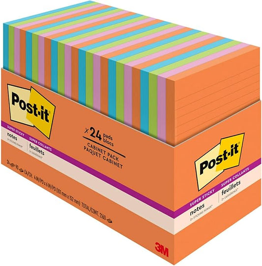 Post-it Energy Boost Collection Super Sticky Note, 4-inch x 6-inch, Lined, 45 Sheets/Pad, 24 Pads/Pack (660-24SSAU-CP)