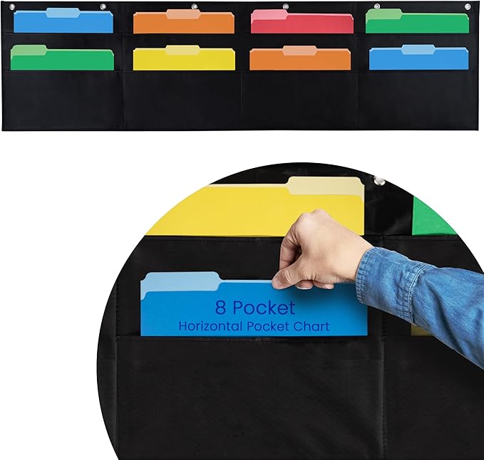 Essex Wares - 8 Pocket File Pocket Chart, Black, 28" Wide x 26" Tall - Versatile Wall Hanging File Folder Organizer for Classroom, Office, Home, and More - Wall Folder Organizer - 8 Pockets