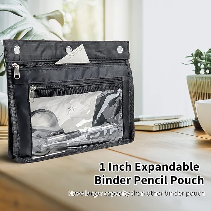 YoeeJob 6 Pack 1 Inch Expandable Zipper Pencil Pouches with Clear Window for 3 Ring Binder, Suitable for School & Office（Black+Blue）