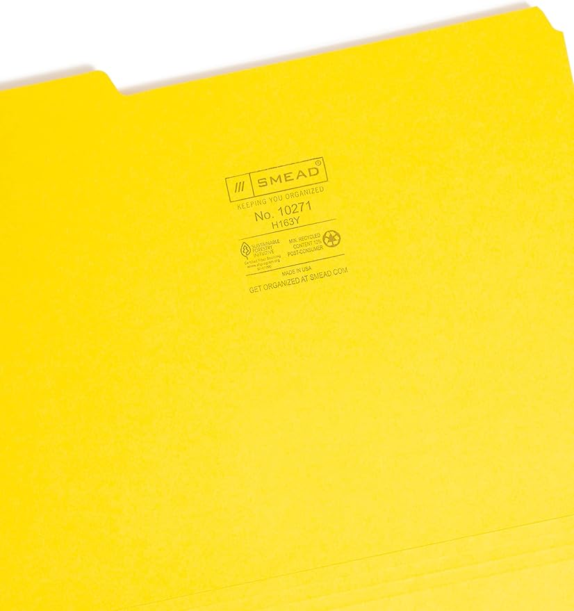Smead Interior File Folder, 1/3-Cut Tab, Letter Size, Yellow, 100 per Box, Expandable File Folders for Filing Cabinet