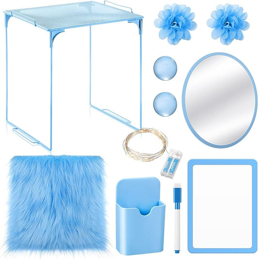 Patelai 11 Pcs Locker Accessories Kit Included Locker Shelf Magnetic Mirror Pen Holder Whiteboard Marker Faux Fur Rug Light String and Magnet for Back to School Essentials(Blue)