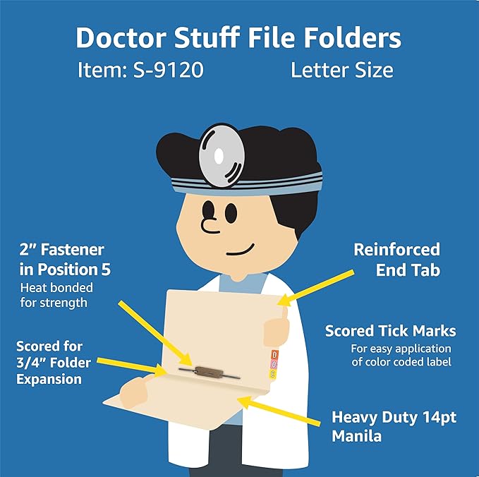 Manila File Folders, Doctor Stuff, Manila Letter Size Reinforced End Tab Folders with 2” Bonded Fastener on Inside Back in Position 5, 14 pt Manila Stock, Carton of 250