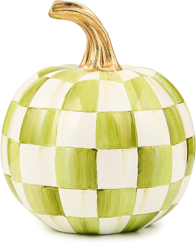 MACKENZIE-CHILDS Pumpkin, Resin Halloween and Fall Decor, Mini, Olive-Green Moss Check