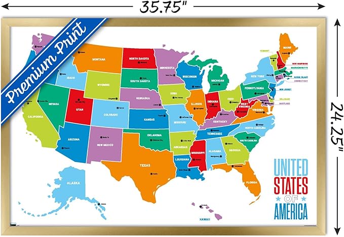 Trends International Map - United States Of America 2022 Wall Poster, 22.375" x 34", Gold Framed Version