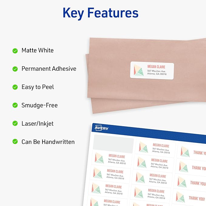 AVERY White Address Labels | Easy Peel | Sure Feed Technology | For Mailing & Shipping | 1" x 2-5/8" | 750 Labels, Pack of 5