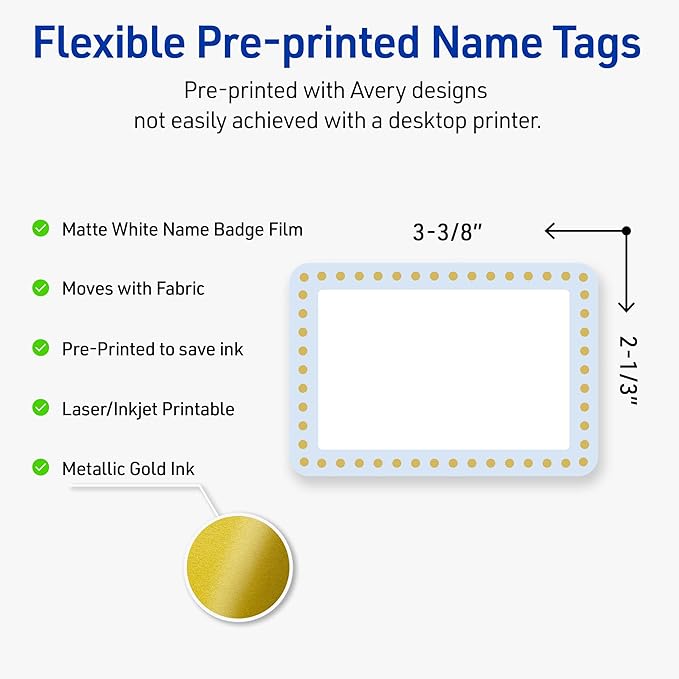 Avery Printable Rectangle Adhesive Name Tags, Blue Border, Gold Dots Design, 2-1/3" x 3-3/8", Matte White, Removable Adhesive, Laser/Inkjet, 80 Total, Great for Name Badges