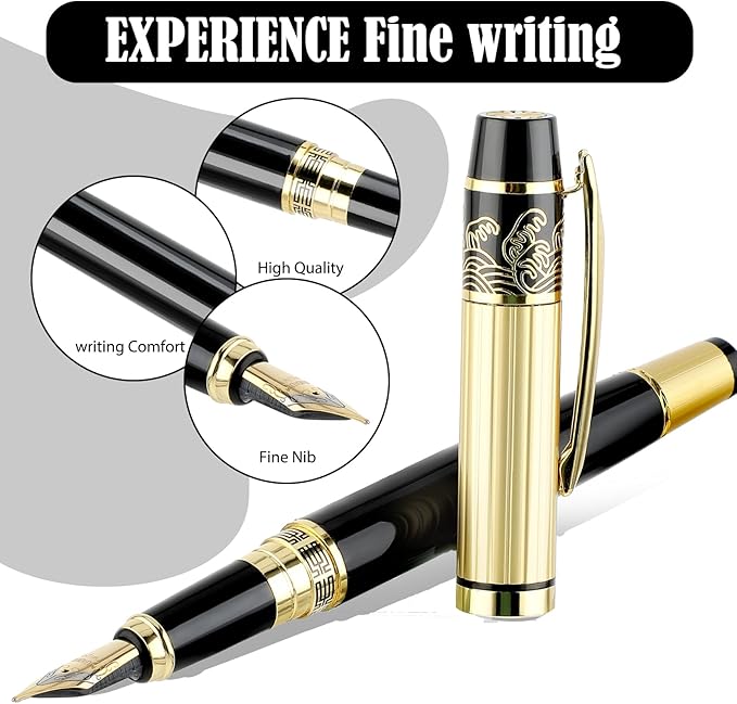 JIEYAO Metal Fountain Pens Set, 0.5mm Luxury Fine Point Fountain Pen, With 10 2.6mm Ink Cartridges & Ink Refill Converter Smooth Writing Business Pens Calligraphy Pen for Office School Supplies Gift