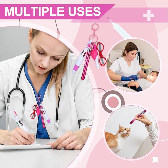 6 Pcs Nurse Pens for Badge Set,Nurse Badge Accessories with Reel Pen,Nursing Accessories Healthcare with Pens,Highlighter and Permanent Marker Pen and Led Keychain Foldable Scissors(Pink)
