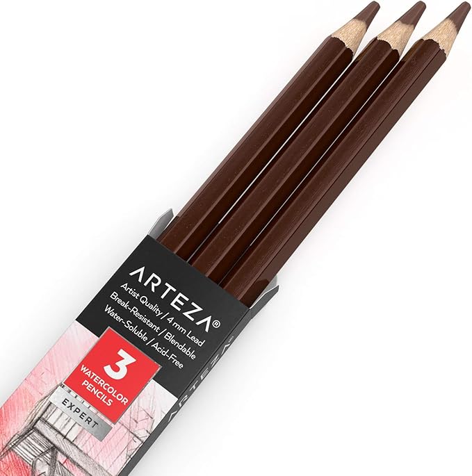 Arteza Professional Watercolor Pencils, Pack of 3, А309 Hazelnut Brown, Water-Soluble Pencils for Coloring, Blending, Layering & Watercolor Techniques
