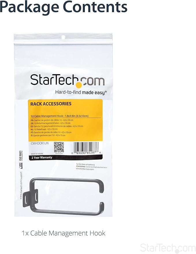 StarTech - CMHOOK1UN .com 1U Vertical 1.8 x 3.9in Server Rack Cable Management D-Ring Hook w/Flexible Opening - Network Rack-Mount Cord Organizer Ring (CMHOOK1UN) Black (Pack of 5)