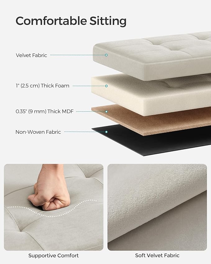 SONGMICS Mazie Collection - Storage Ottoman Bench, Foldable Foot Rest, 15 x 30 x 15 Inches, End of Bed Bench, Storage Chest, Load 660 lb, Living Room, Bedroom, Entryway, Cream White ULSF247W01
