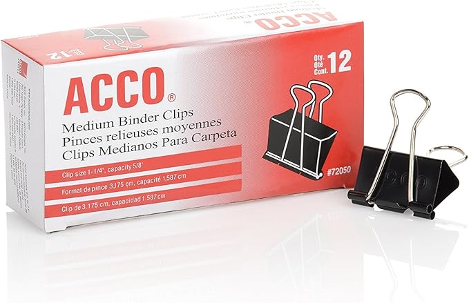 ACCO Binder Clips, Medium, 1 Case, 10 Packs/Case, 2 Boxes/Pack, 12 Clips/Box (A7072062CS)