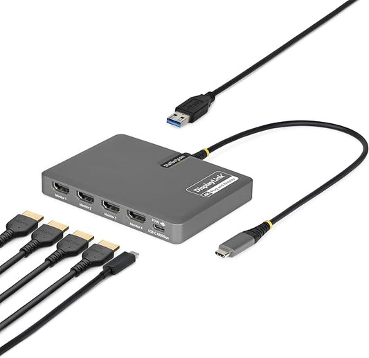 StarTech USB-C to Quad HDMI 4K60 Workstation Dock, 140W PD Passthrough, USB for Keyboard and Mouse, Windows, Mac M1-M5, USB4, Thunderbolt Laptops, DisplayLink DL7400, TAA (Quad-USB-HDMI-Adapt)