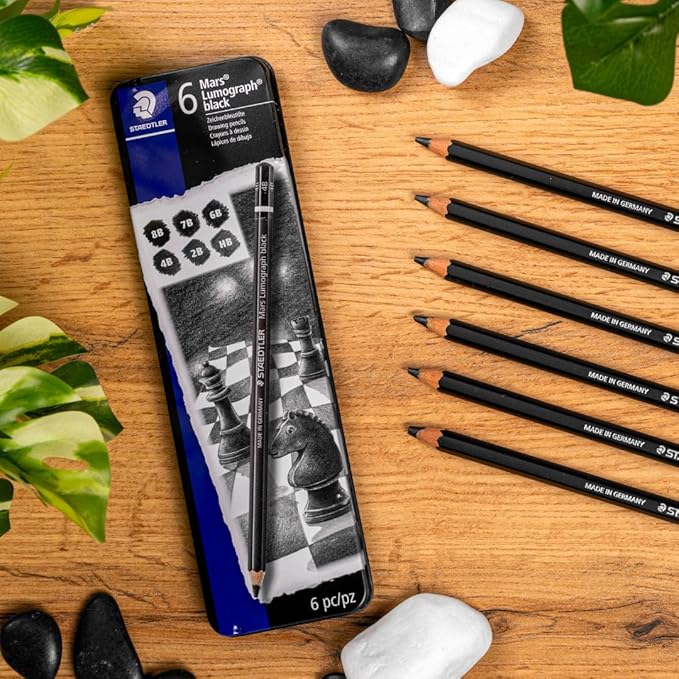 Staedtler Mars Lumograph Black, Carbon Blend Provides Jet Black Lines, Professional Art Pencils, Tin of 6 Assorted Black Sketch Pencils, 100B G6