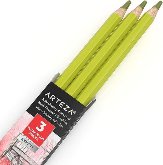 Arteza Professional Watercolor Pencils, Pack of 3, A603 Pear Green, Water-Soluble Pencils for Coloring, Blending, Layering & Watercolor Techniques
