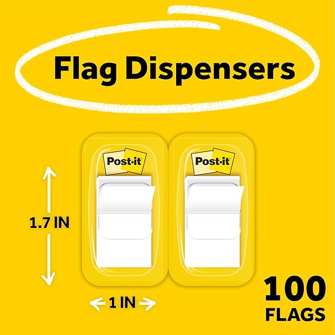Post-it Flags, 50/Dispenser, 2 Dispensers/Pack, 1 in Wide, White (680-WE2)
