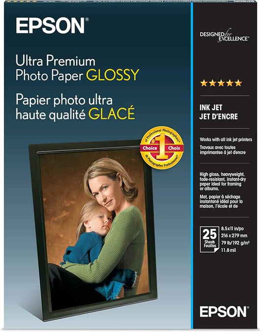 Epson Ultra Premium Photo Paper Glossy, Letter, 8.5 x 11, 25 Sheets (S042182), White