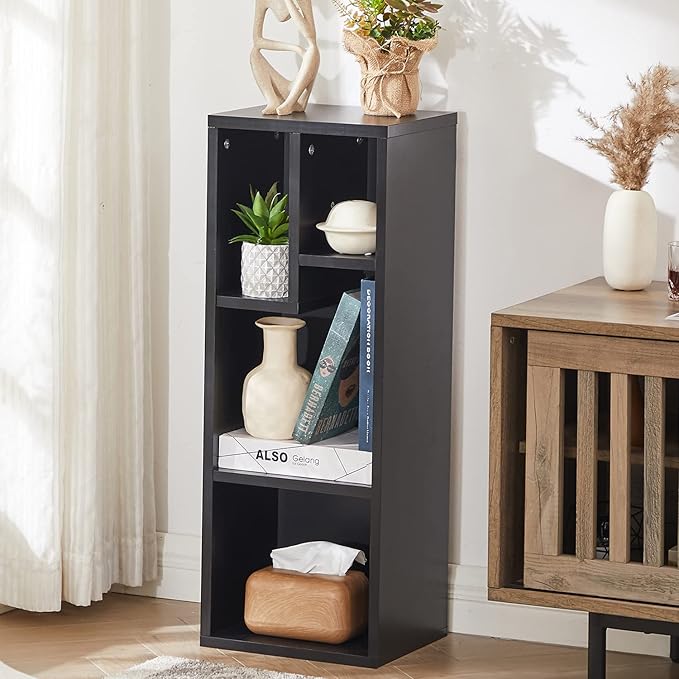 VECELO Small Bookshelf, 4 Cube Slim Bookcase, Fits Tallest Hardcovers, Horizontal Available, Modern Floor Standing Unit, Each Shelf Hold Up to 66 LBS,Black