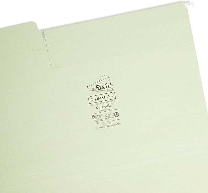 Smead FasTab Hanging File Folder, 1/3-Cut Built-in Tab, Legal Size, Moss, 20 Count (64083)