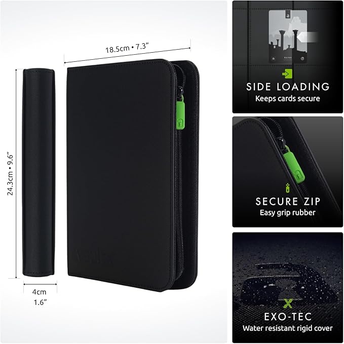 Vault X 4 Pocket Trading Card Zip Binder, 160 Cards, Premium Exo-Tec Album Material, 20 Side-Loading Pages, Folder for Collectible Games, Sports, TCG (Black)