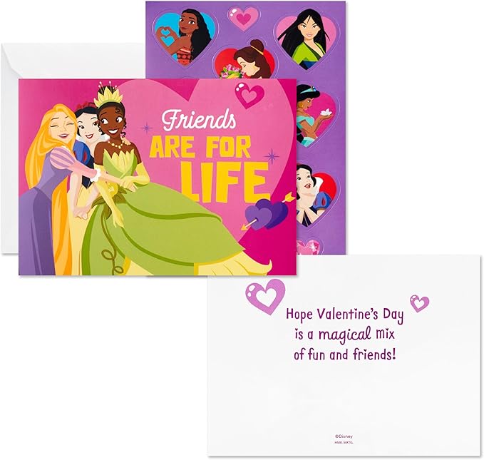 Hallmark Disney Princess Valentines Day Cards and Stickers for Kids School (24 Classroom Valentines with Envelopes)