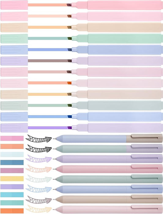 NiArt Bible Highlighters and Pens No Bleed, Morandi Colors 12 Highlighters + 8 Gel Pens + 200 Sticky Notes, Ergonomic Design with Fade-Resistant Soft-Toned Pastel Ink for Journaling
