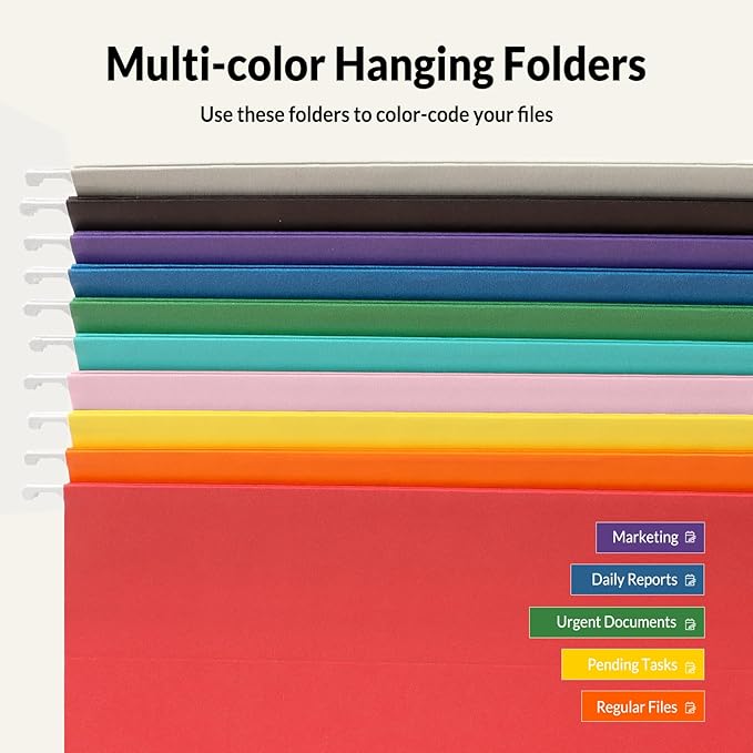 SUNEE Hanging File Folders, 50 Pack Letter Size Hanging File Folders with 1/5-cut Tabs, Stay Organized for Your Home and Office Bulk File, Documents and Paper,10 Assorted Colors