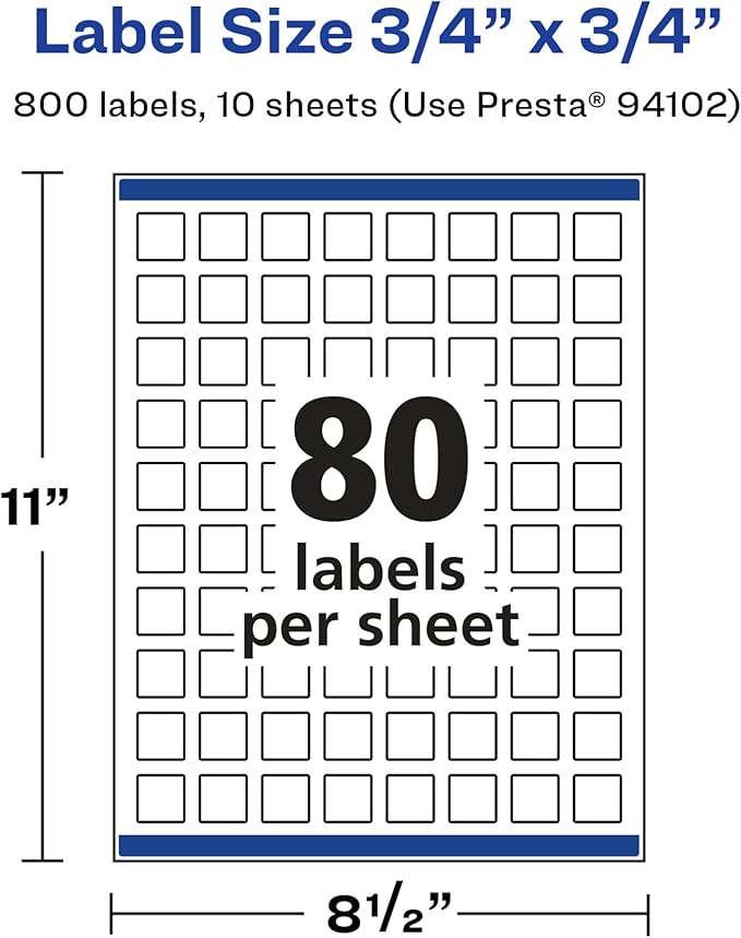 Avery Glossy White Square Labels, Sure Feed Technology, 3/4" x 3/4", 800 Glossy White Labels, Print-to-The-Edge, Permanent Adhesive, Laser/Inkjet Printable