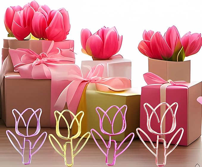 20 Pcs Metal Flower Paper Clips Set - Cute Large Decorative Paperclips for File Organization, School, Home Office and Wedding Decor 4 Colors (TULIPFLOWER)