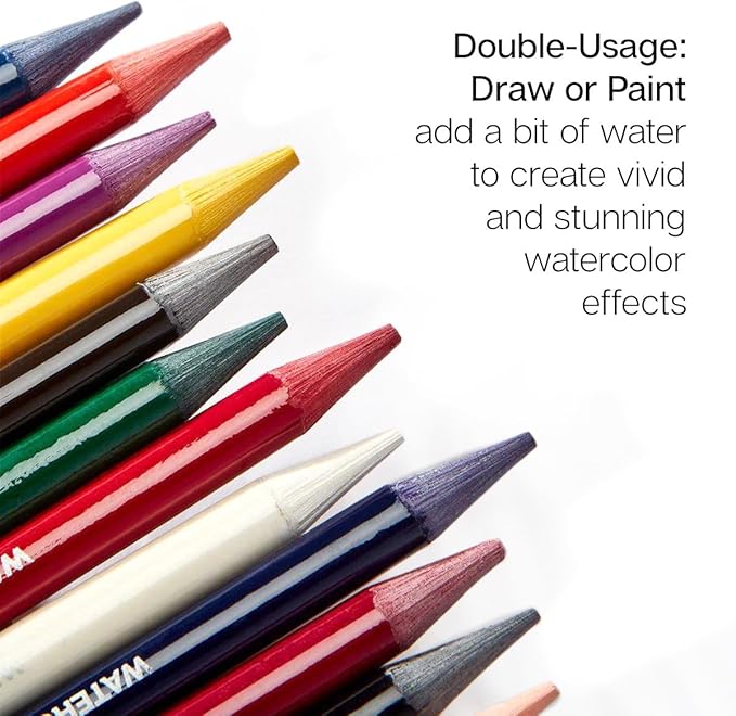 KINGART 315-24 Pro Artist Quality 24 Ct. Woodless Watercolor Pencil Set, 24 Soft Core, Pre-Sharpened Crayon Style Art Pencils, Use Wet or Dry, Professional to Beginner