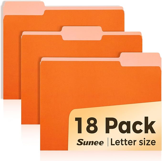 SUNEE File Folders, 18 Pack Manilla Folders 8.5 x 11, 1/3 Cut Tab for Easy Labeling and Organization, Durable Standard Paper for Home, Office, School Filing, Orange