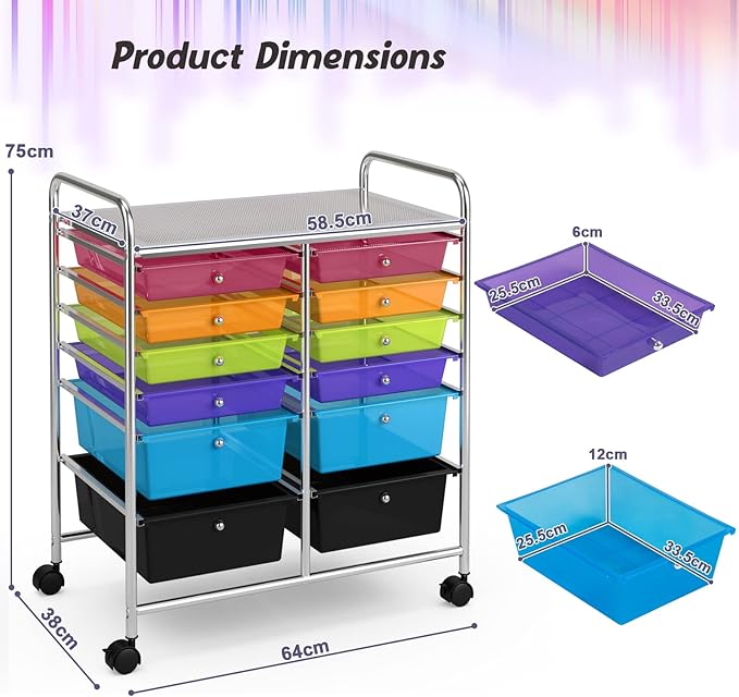 COSTWAY 12-Drawer Rolling Storage Cart, Moveable Art Craft Organizer W/Lockable Wheels, Metal Shelf, Files Arrangement Tools Makeup Storage Cart for Office, Home, School (Rainbow)
