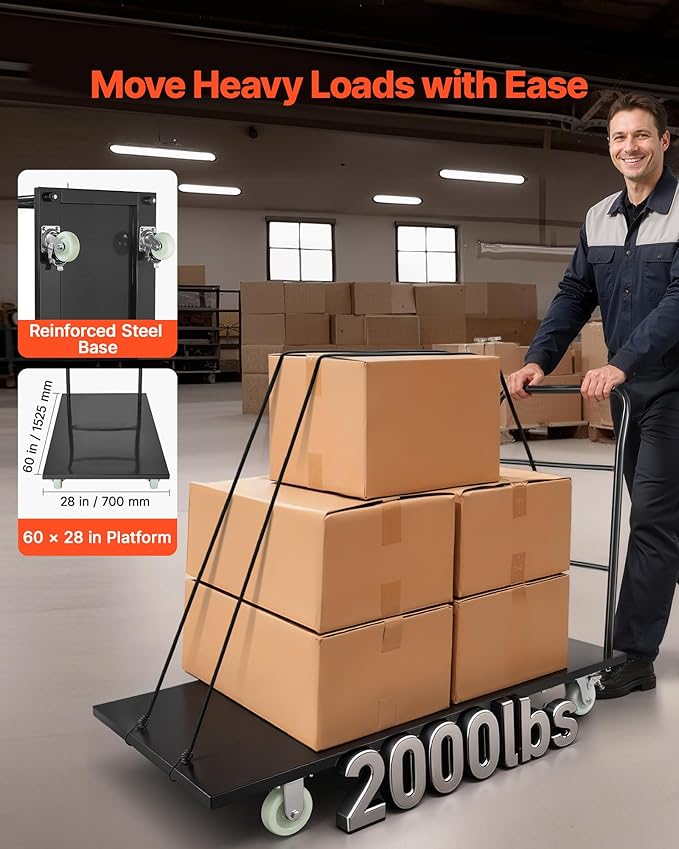 VEVOR 2000 LBS Heavy Duty Platform Truck, Upgraded Version with Larger Deck (60" x 28"), Industrial Steel Flatbed Cart with Swivel Wheels, Push Cart Dolly for Warehouse/Garage/Moving/Garden