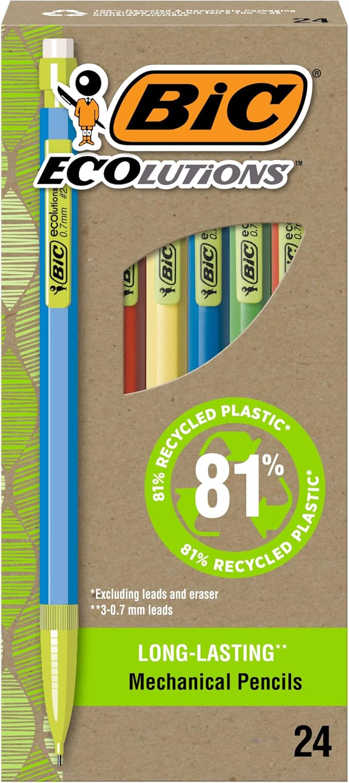 BIC Ecolutions Mechanical Pencils with Erasers, With Colorful Barrel, Medium Point (0.7mm), 24-Count Pack, Mechanical Pencils Made from 81% Recycled Plastic Excluding Leads and Erasers