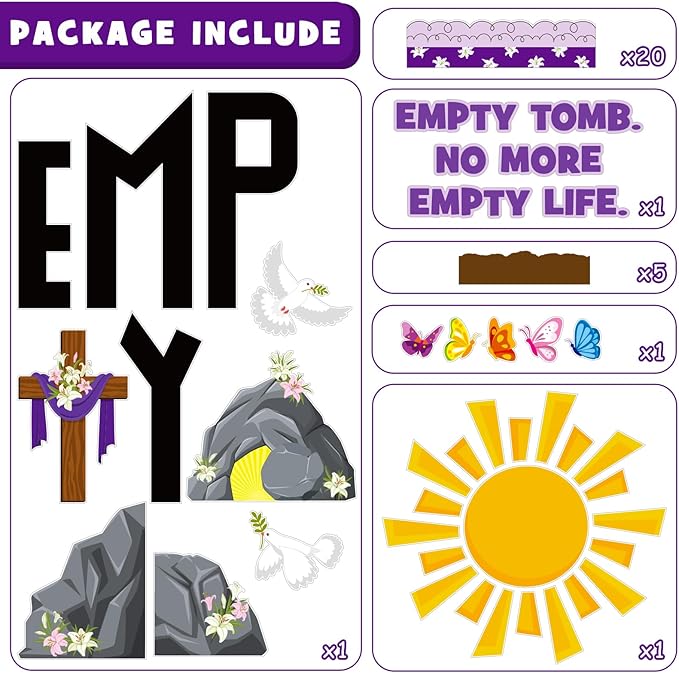Easter Empty Tomb Bulletin Board Decoration Set, Spring Religious Jesus Classroom Decorations Christian Cross Butterflies Cutouts April Library Church Sunday School Wall Window Door Decor for Teacher