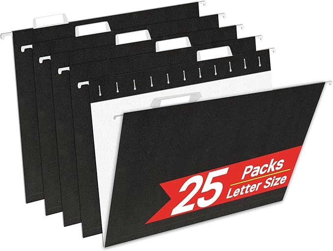 Black Hanging File Folders,25 Packs Letter Size File Folder,Designed for Bulky Files,Filing Cabinet,1/5 Adjustable Tabs for Office,School,Home