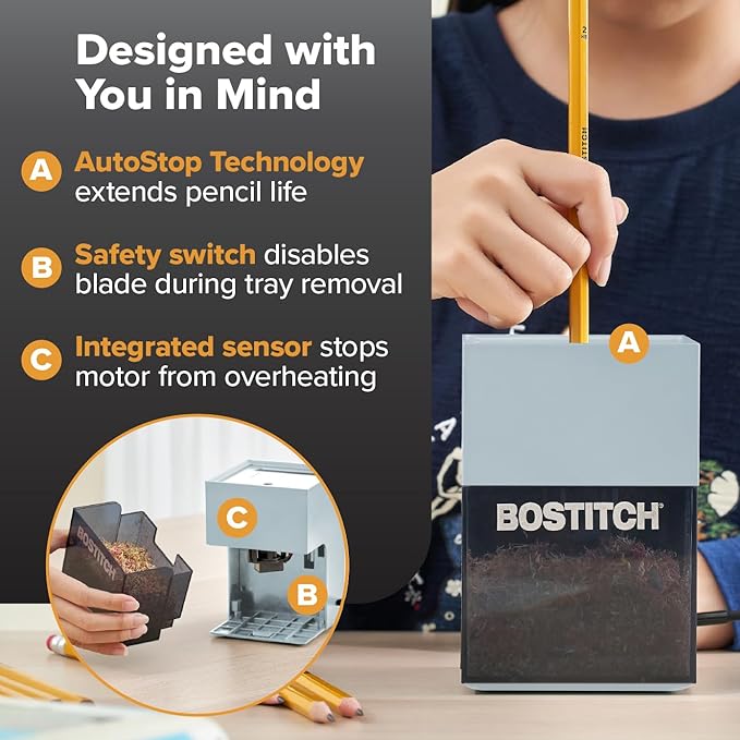 Bostitch Konnect Rechargeable Pencil Sharpener (USB-C), Auto-Stop Helical Cutter, Portable Electric Sharpener for No.2/Colored Pencils, Home, Office, Classroom, Gray