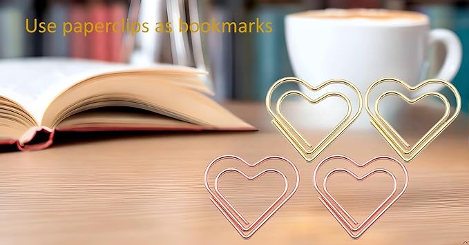 Metal Heart Paper Clips Set-50 Pcs Gold Paperclips- Cute Decorative Office & School Supplies, Ideal for Wedding & Parties Decor (Heart)