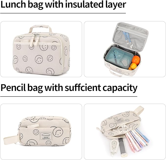 Backpack for Girls Boy Teen Corduroy Bookbags Elementary Middle High School Women Laptop Bag with Lunch Box Pencil Bag (Smile Beige)