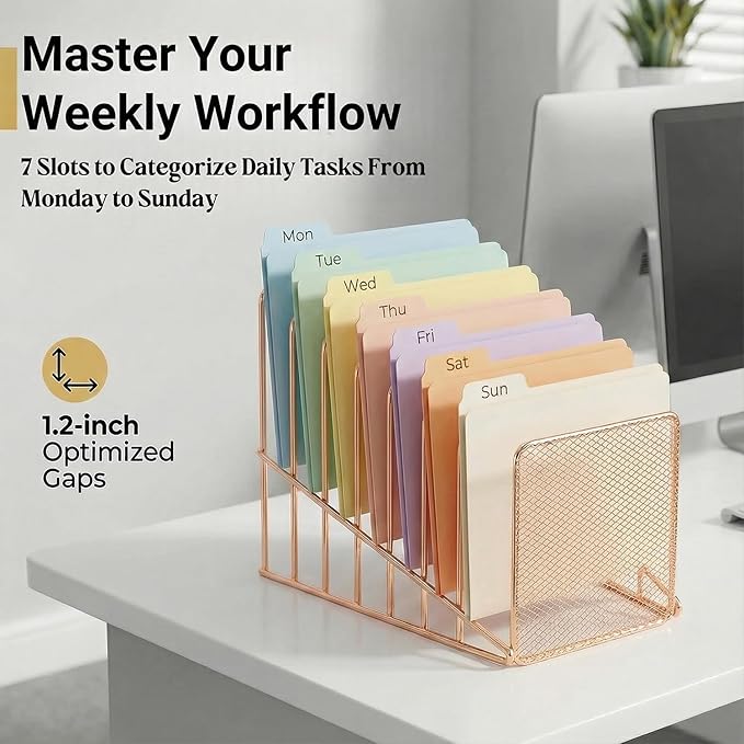 Simmer Stone Rose Gold Desk Organizer 7 Slot Inclined Vertical File Folder Holder Sorter with Mesh Front – Metal Wire Rack for Mail, Slim Binders, Books Office Organization & Desktop Accessories