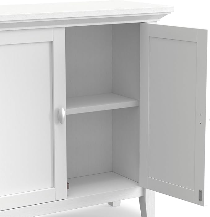 SIMPLIHOME Redmond Storage Cabinet - 32 inch Wide Solid Wood 2-Shelf Low Storage Cabinet in White, Transitional Accent Cabinet for Entryway with Adjustable Shelves and Tapered Legs