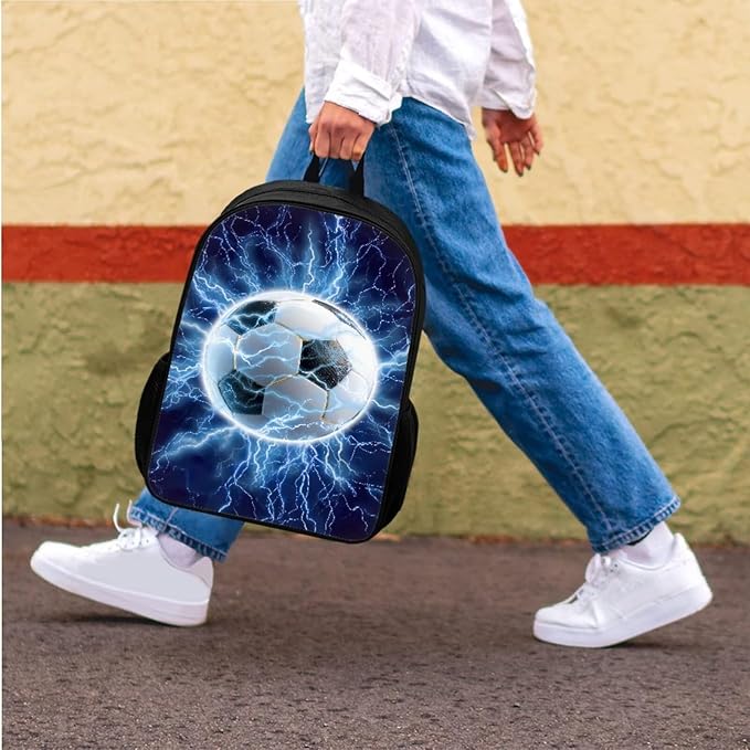 CLOHOMIN Lightning Football Backpack with Lunch Box Set of 3 Large Capacity Bookbag Boys Lunch Bag Pencil Holder for Kids Ages 12-14 Middle School Bag with Lunchbox for Boys, Blue