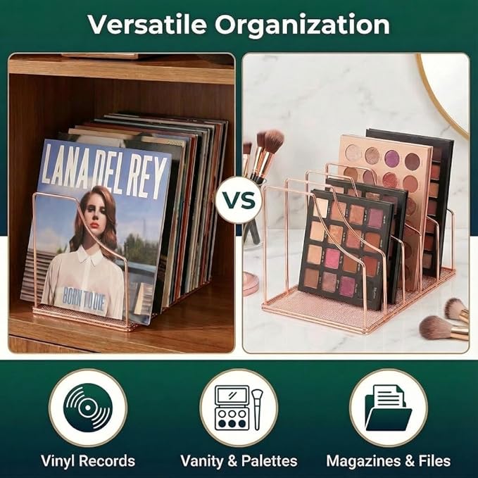 Simmer Stone Rose Gold Binder Organizer for Desk, 5 Slot Metal Wire Vertical File Sorter with Mesh Bottom, Desktop Magazine Holder Rack for 2 Inch Binders, Medical Coding Books, Vinyl Records, 12.1"
