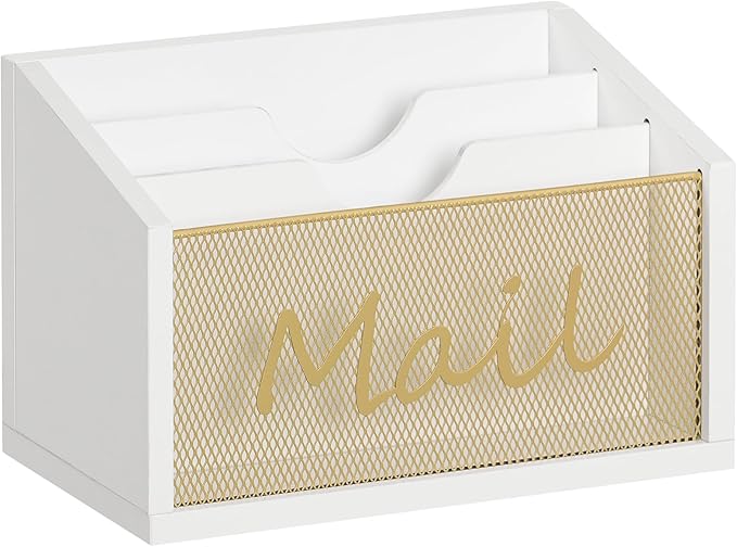 Mail Organizer Countertop, Mail Holder with 3 Slots, Mail Sorter for Desk, Wooden Office Desk Organizer, Mail Organizer for Magazines, Files, Papers, Folders, White and Gold MR03DW