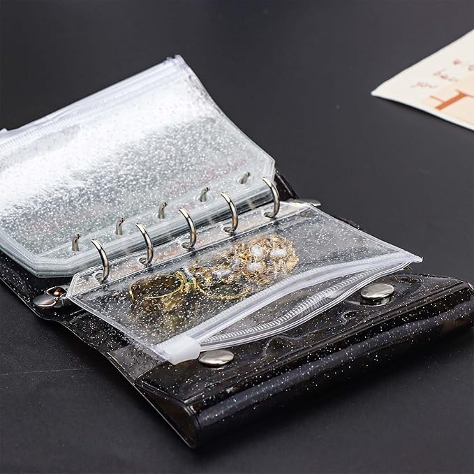 10pcs A8 Cash Stuffing Envelopes Zipper Binder Pockets Clear Glitter PVC 5 Hole Zip Sleeves Loose Leaf Pouches for 5 Ring Binder Planner (A8 3.15" x 4.33")