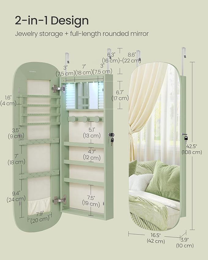 SONGMICS Jewelry Organizer, LED Jewelry Cabinet Wall/Door Mounted, Lockable Rounded Wide Mirror with Storage, Interior Mirror, 3.9 x 16.5 x 42.5 Inches, Laurel Green Surface with Cream White Lining