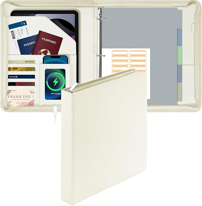 EYROZILL Zippered Leather 3 Ring Binder Organizer with Pockets – Business Portfolio Folder with Card Slots, Phone Holder, Pen Loop (Beige)