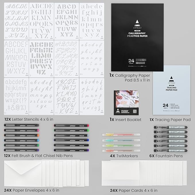 ARTEZA Calligraphy & Lettering Kit – Beginner Set with Alcohol Markers, Brush Pens, Paper & Tools for Hand Lettering, Drawing, and Adult Coloring